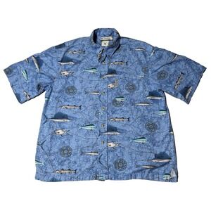 COLUMBIA Men Medium Blue Viscose Blend‎ Fish Cardinal Compass AOP Shirt